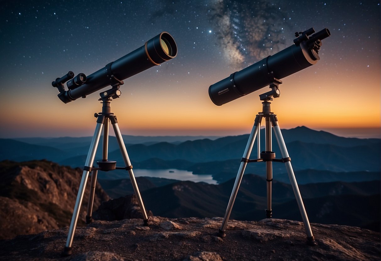 Astronomical Telescopes for Amateurs : A telescope pointed towards the night sky, with stars and planets visible in the background