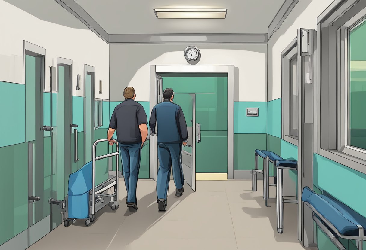 A person being escorted into a treatment facility for involuntary alcohol addiction