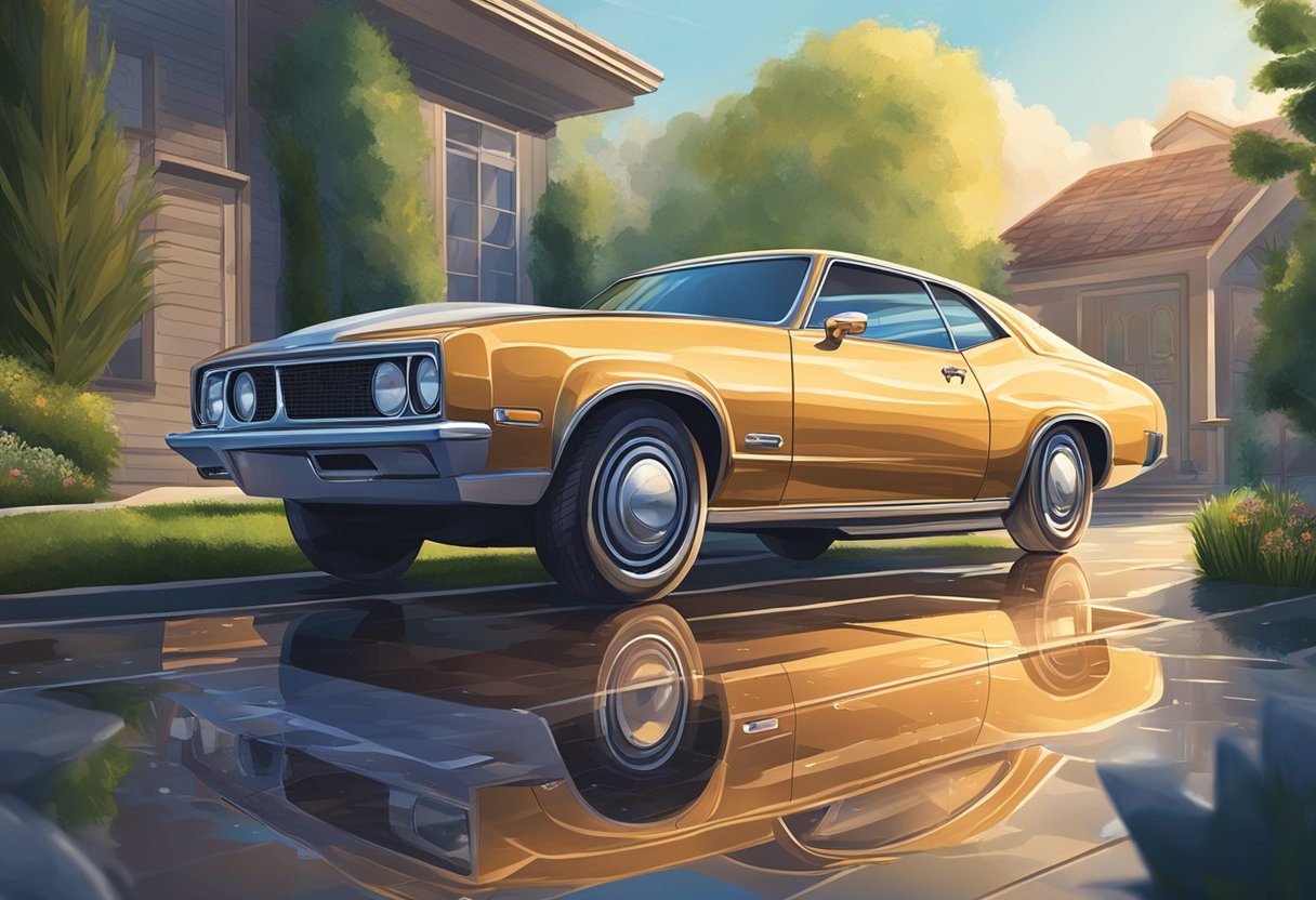 A freshly washed car sits in the driveway, water droplets glistening in the sunlight. The tires are clean and shiny, and the windows are spotless, reflecting the surrounding scenery