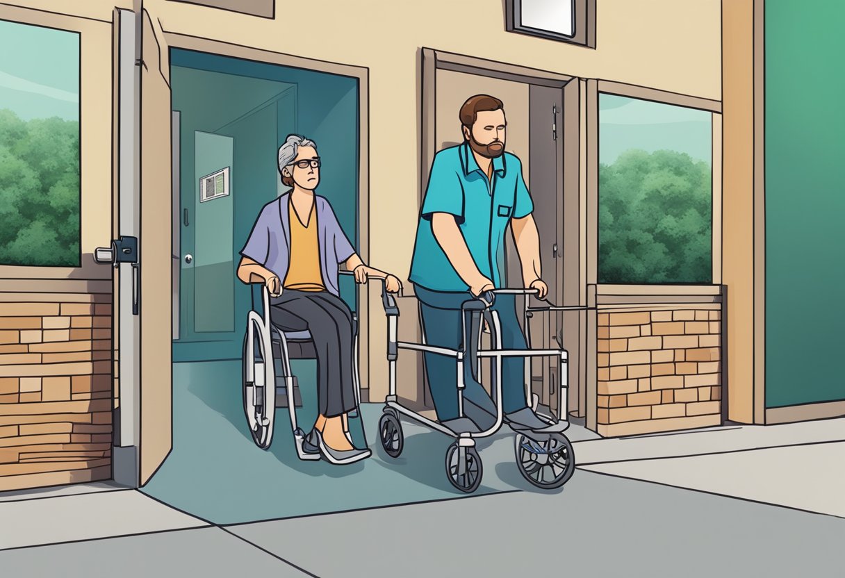 A person being escorted into a rehab facility against their will