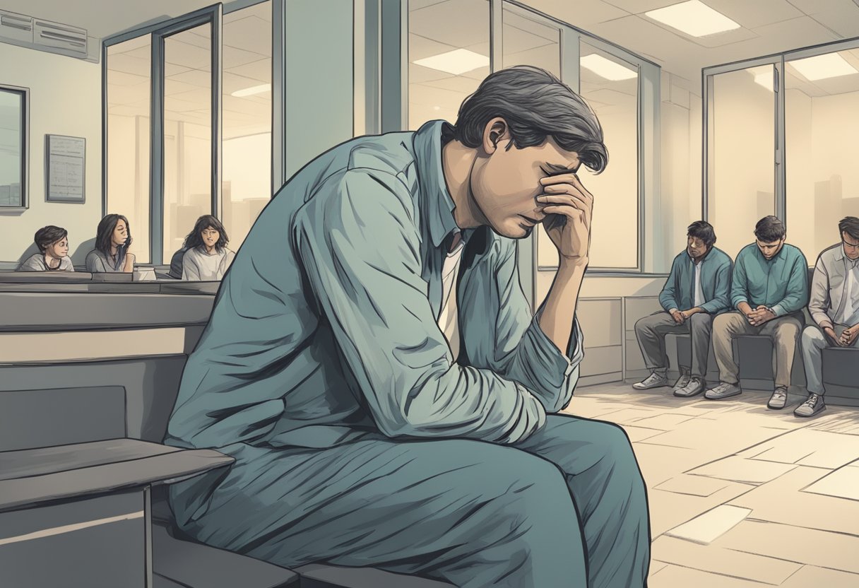 A person being forcefully admitted to a treatment center, feeling overwhelmed and distressed