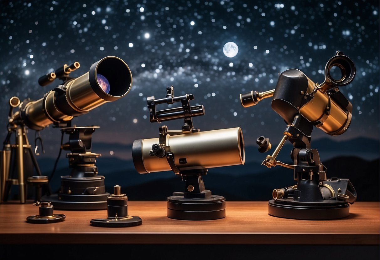 Astronomical telescopes displayed with various accessories and a guidebook on a table. Bright stars and galaxies visible in the night sky