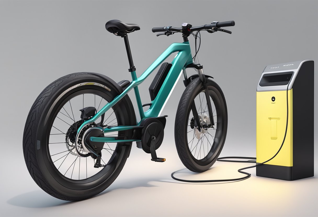 An ebike sits stationary, with its battery removed, next to a charging station