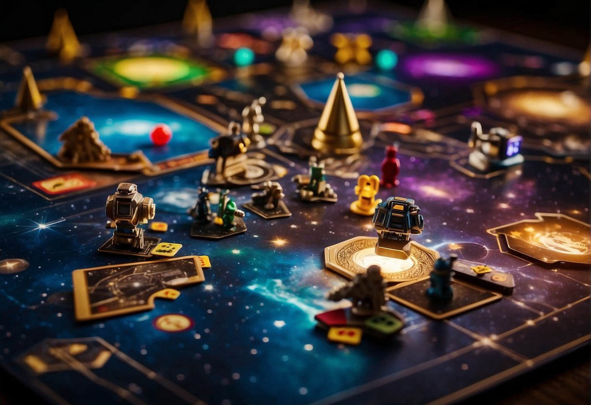 A family sits around a table covered in space-themed board games. Brightly colored game pieces and cards are scattered across the table, while a starry backdrop sets the scene
