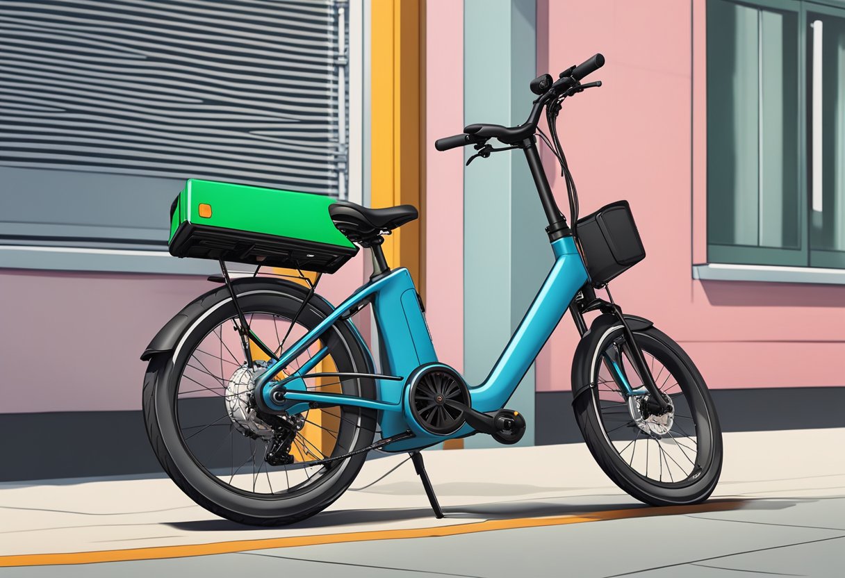 An ebike without a battery sits unused, chained to a bike rack