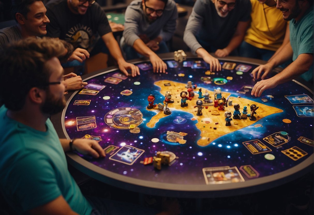 Players gather around a table, immersed in space-themed board games. Planets, rockets, and astronauts adorn the game boards, while colorful game pieces move across the galaxies. Excitement and laughter fill the room as families engage in skill-building through space