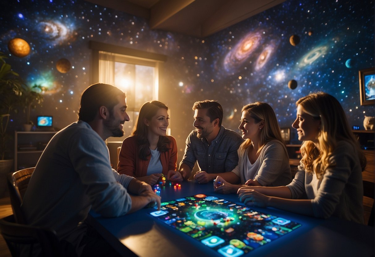A family sits around a table covered in space-themed board games. The room is dimly lit, with a glowing galaxy mural on the wall. The games are spread out, showing colorful planets, spaceships, and alien creatures
