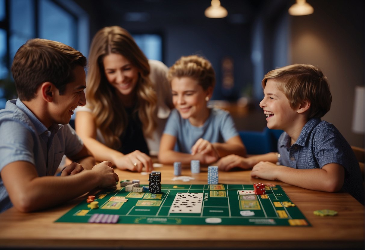 A group of families gather around a table, laughing and strategizing as they play space-themed board games. Tokens and cards are spread out, adding to the excitement of the competitive play