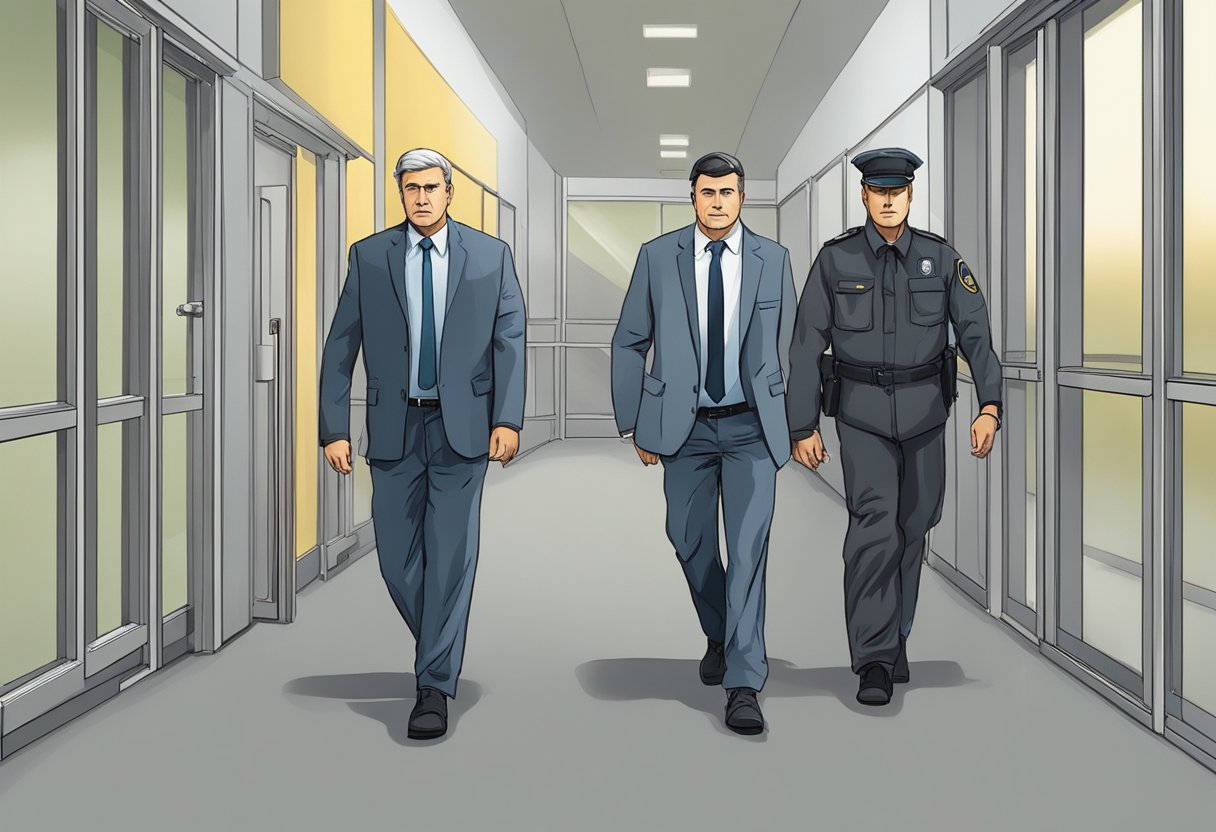 A person being escorted into a secure facility by two authority figures, with a sense of confinement and restriction in the environment