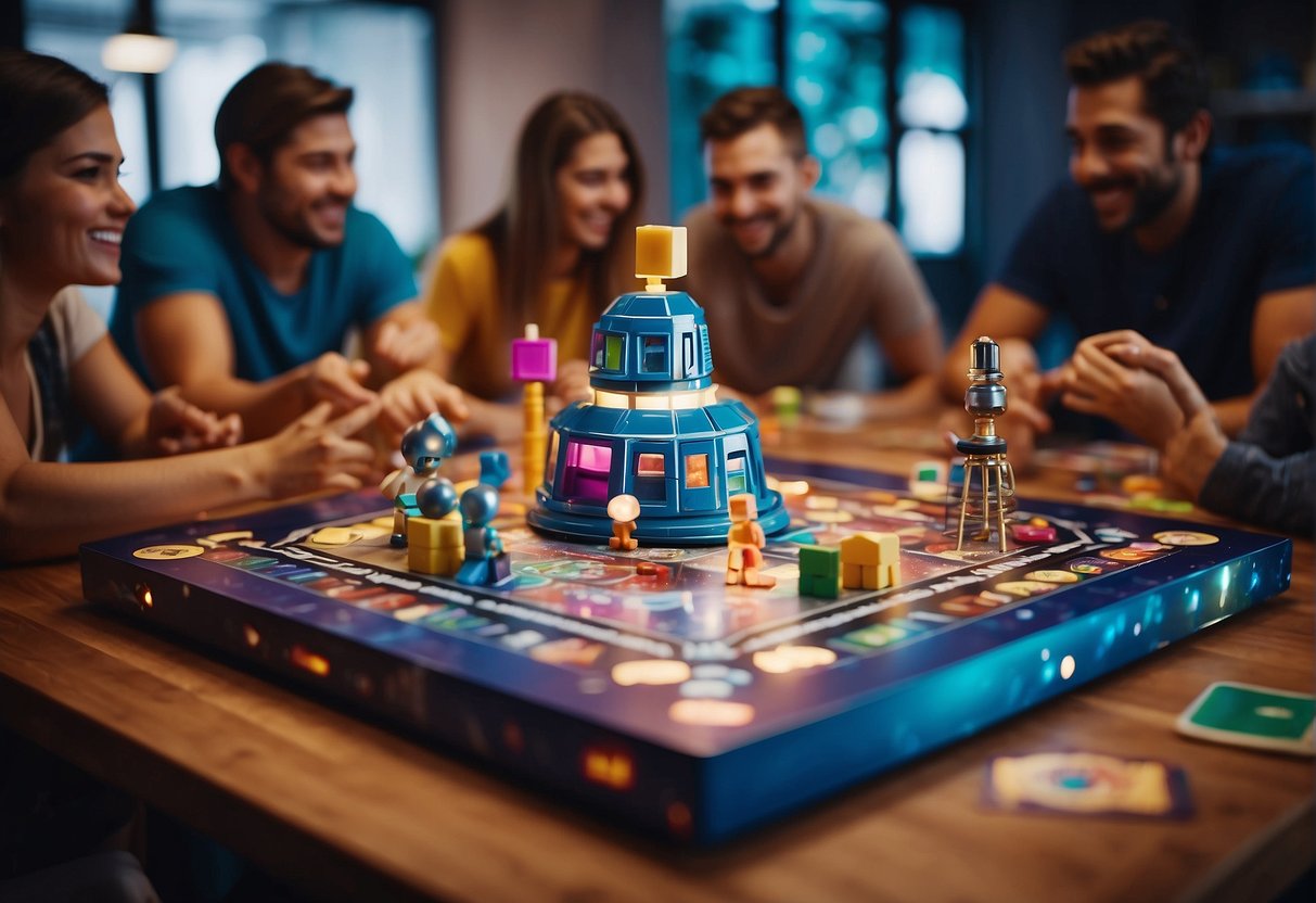 A table with a stack of colorful space-themed board games, surrounded by happy family members playing together
