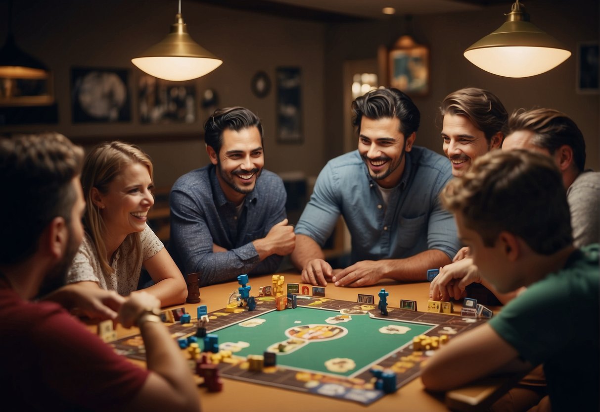 Players gather around a table, engaging in friendly competition while playing space-themed board games. Laughter and excitement fill the room as families bond over inclusive play and good gaming etiquette