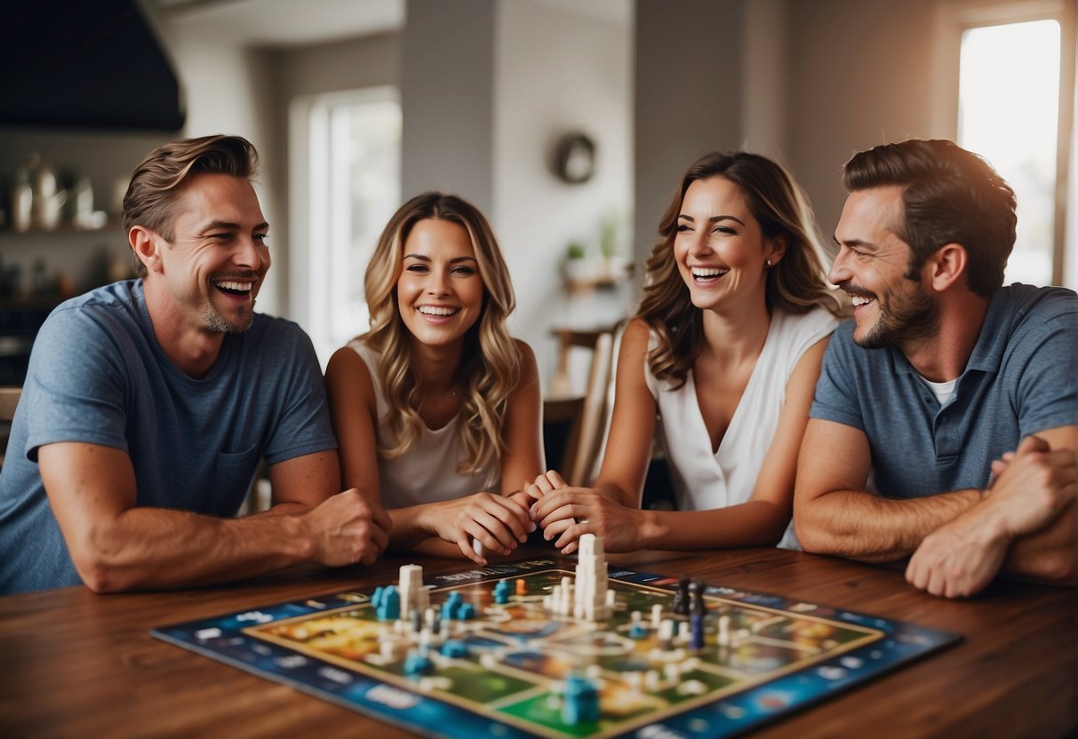 A family gathered around a table with a stack of space-themed board games, laughing and enjoying their time together