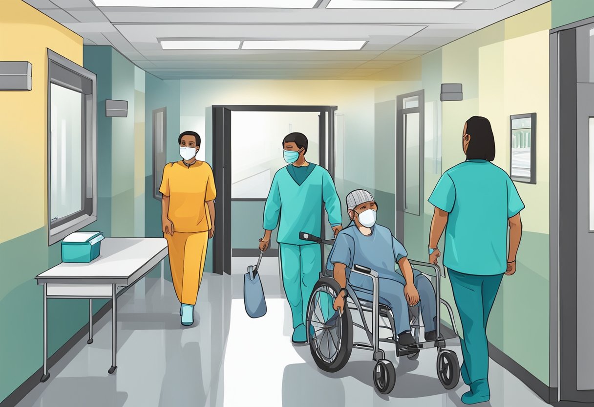 A person being escorted into a medical facility by authorized personnel for involuntary compulsory hospitalization