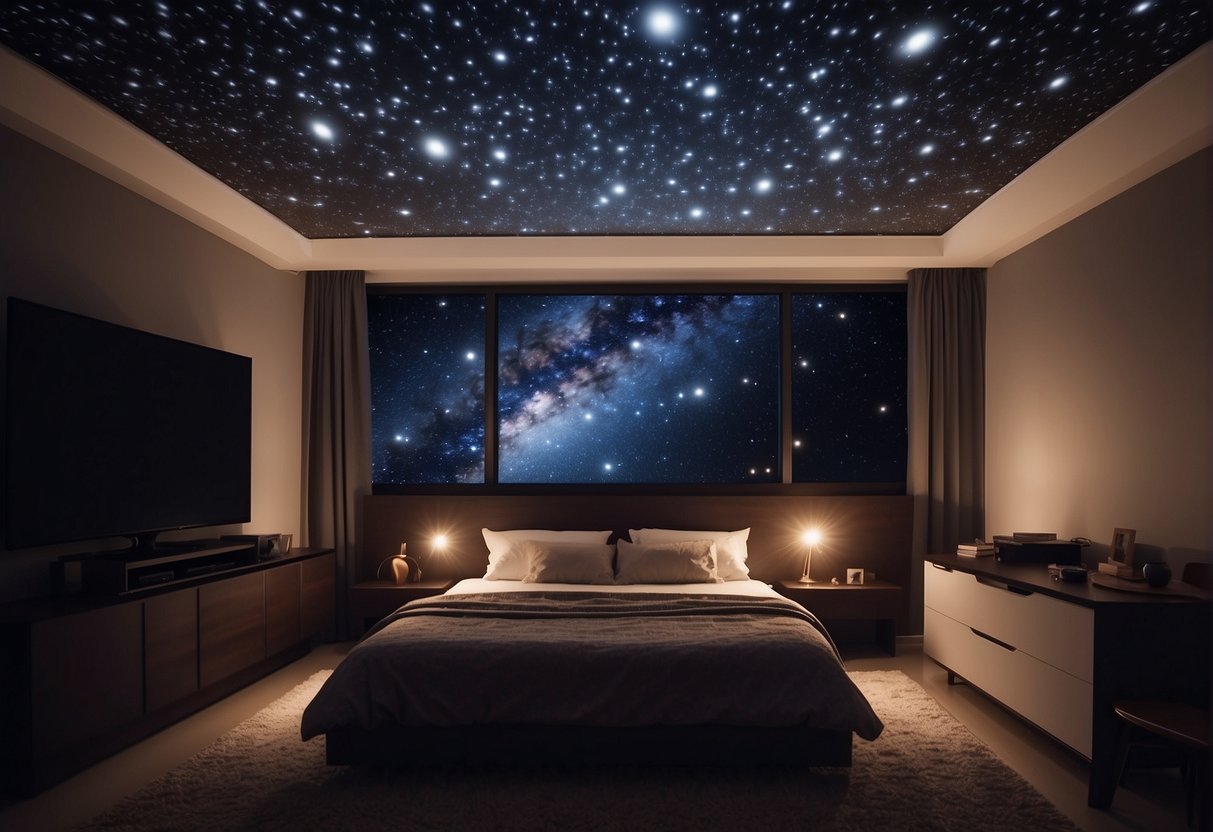 A cozy bedroom with a ceiling covered in a galaxy of stars projected by a sleek and modern star projector. The room is dimly lit, creating a peaceful and dreamy atmosphere