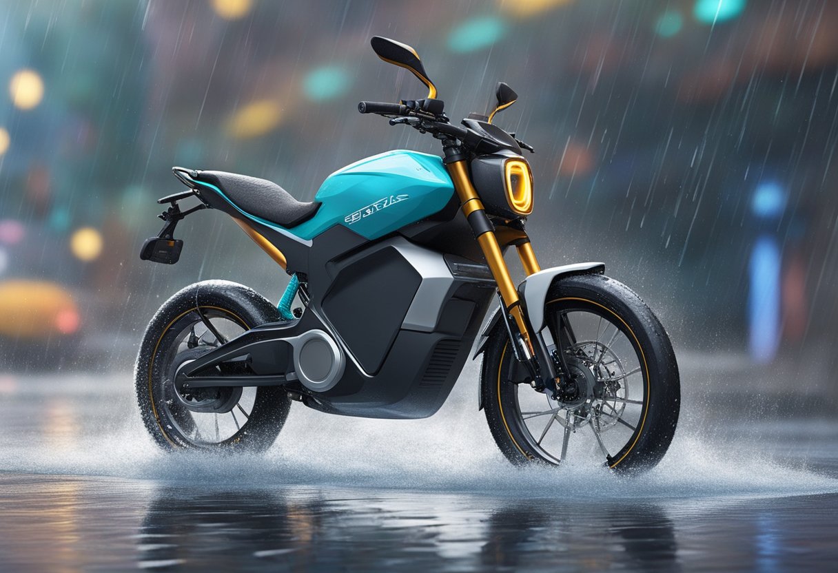 An ebike navigates through the rain, water droplets bouncing off its sleek frame as it glides along the wet pavement