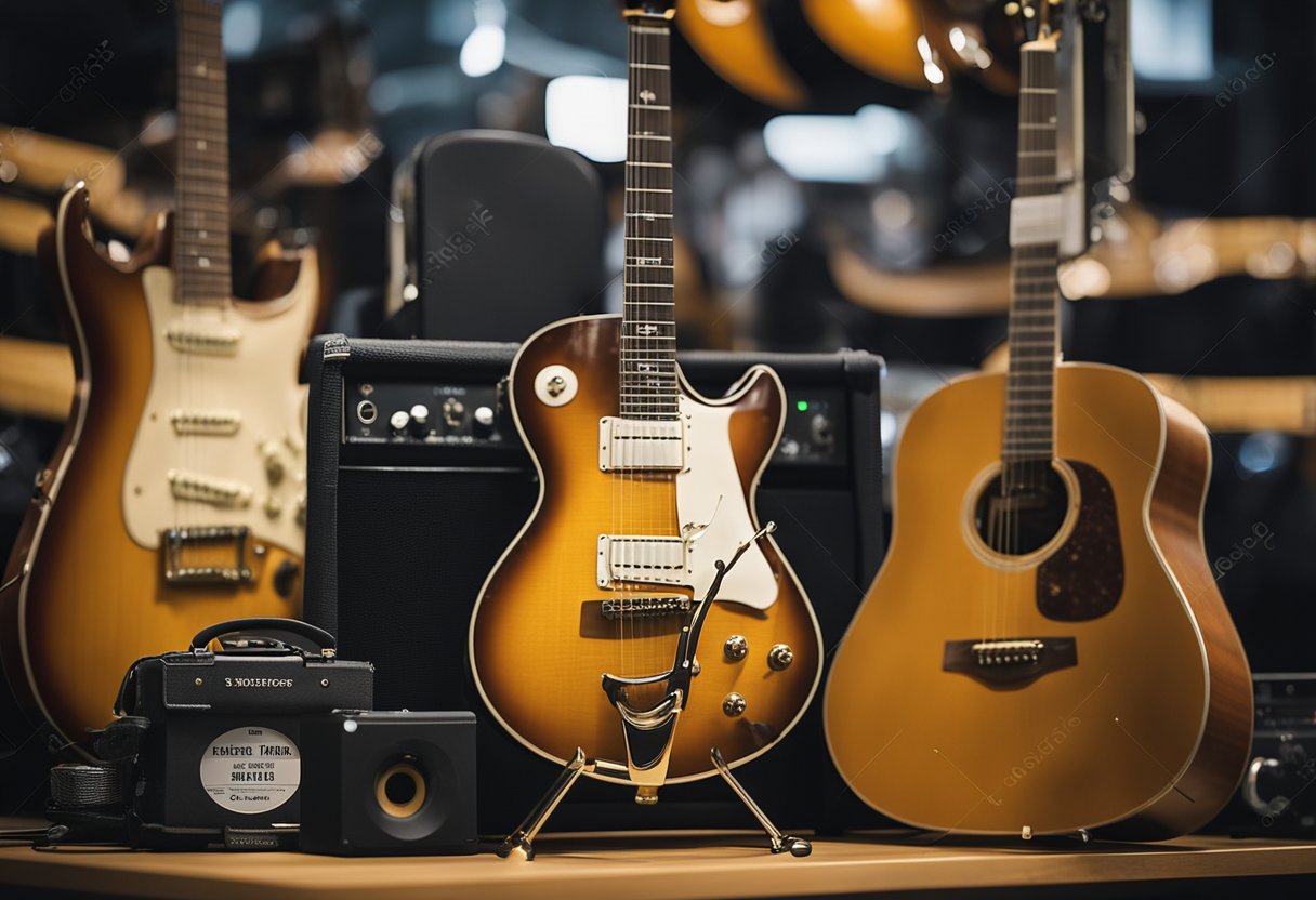 A guitar resting on a display stand with a price tag next to it, surrounded by other musical instruments and equipment