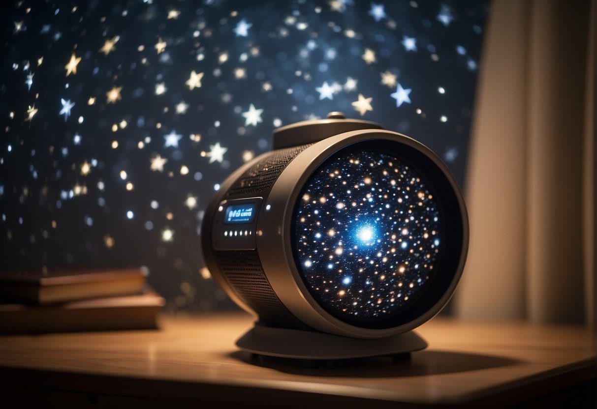 A star projector sits on a nightstand, casting a mesmerizing display of stars and constellations onto the ceiling. Its sleek design and compatibility with smart devices make it the perfect addition to any home