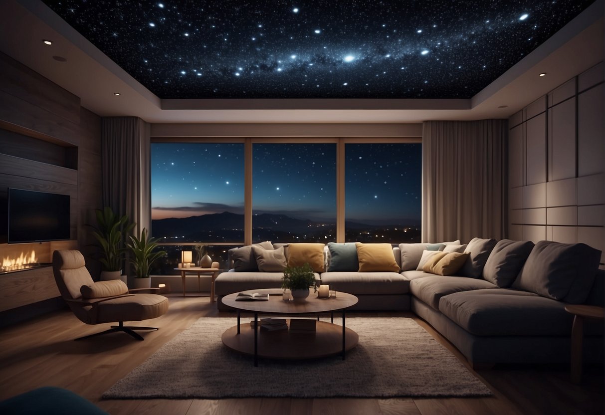 A cozy living room with a star projector casting a tranquil night sky onto the ceiling. Comfy seating and soft lighting create a relaxing atmosphere