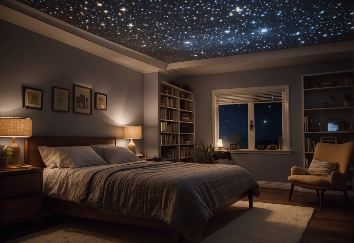 A cozy bedroom with a star projector casting a tranquil night sky on the ceiling. A bookshelf with various star projector models, and a person reading a guide on how to choose the perfect one