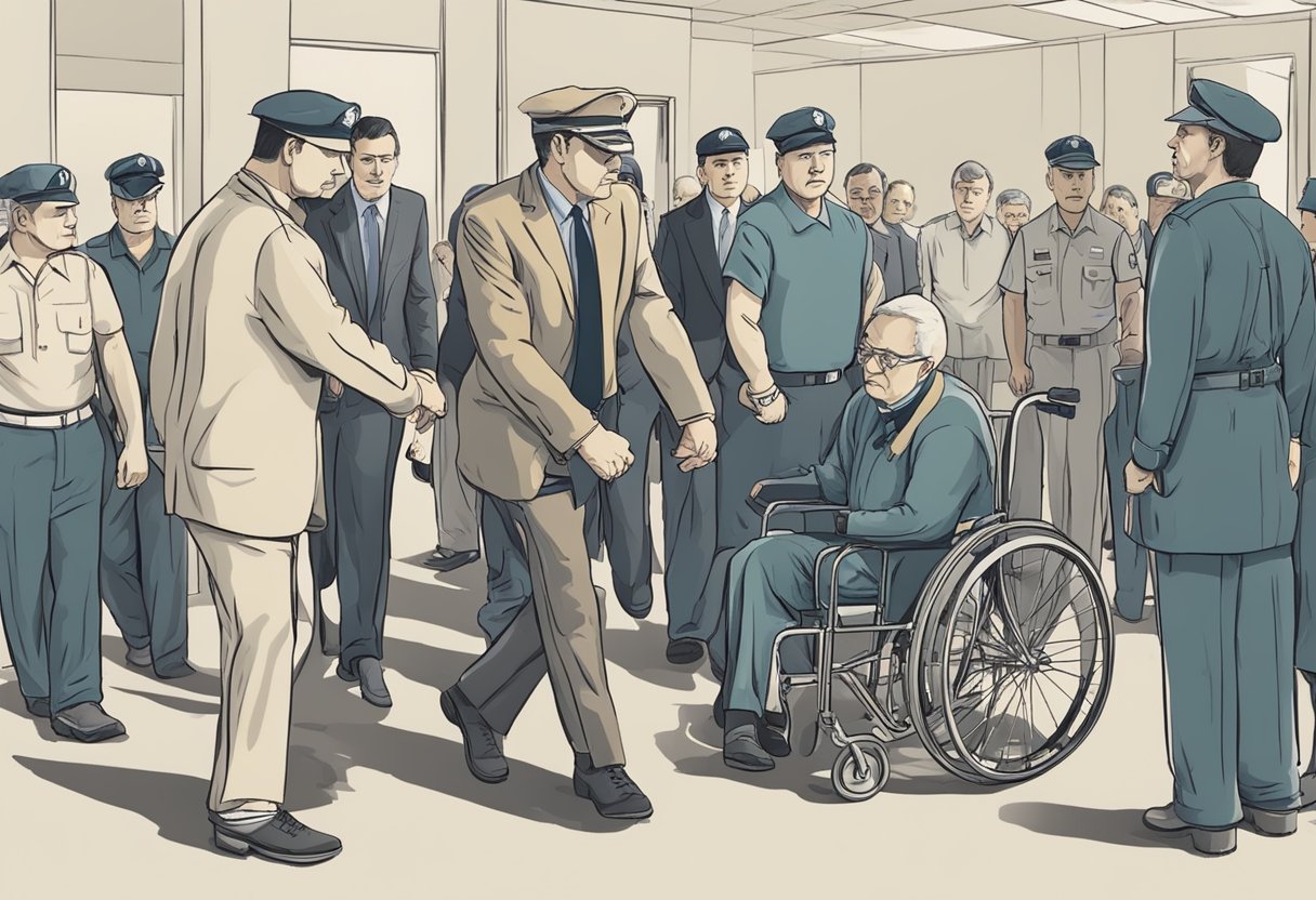 A person being escorted into a rehabilitation center by authorities against their will, surrounded by concerned onlookers