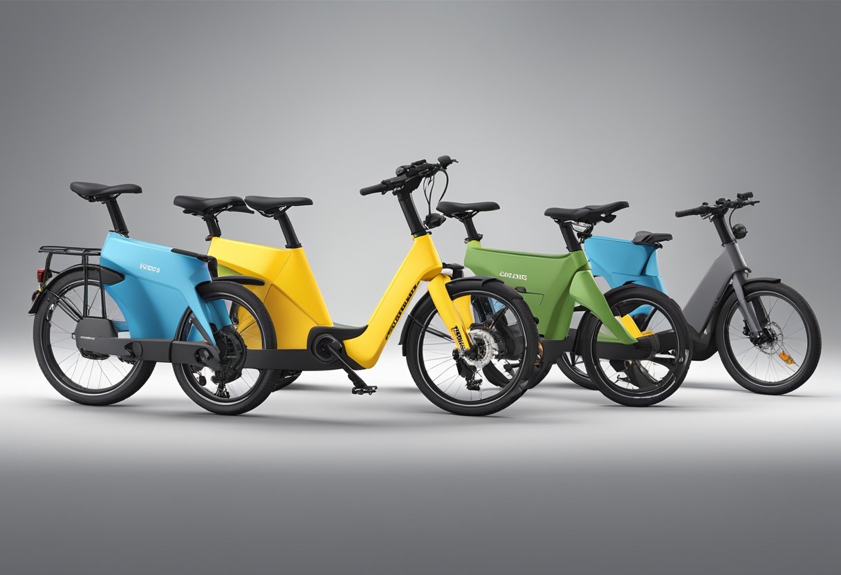 A class 1, 2, and 3 ebike lineup in a row, each with distinct labeling and features