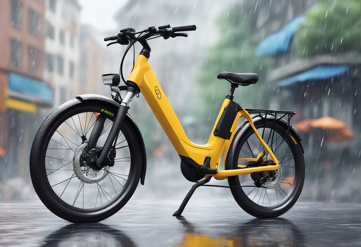 An ebike parked outside in the rain, water droplets covering the frame and handlebars