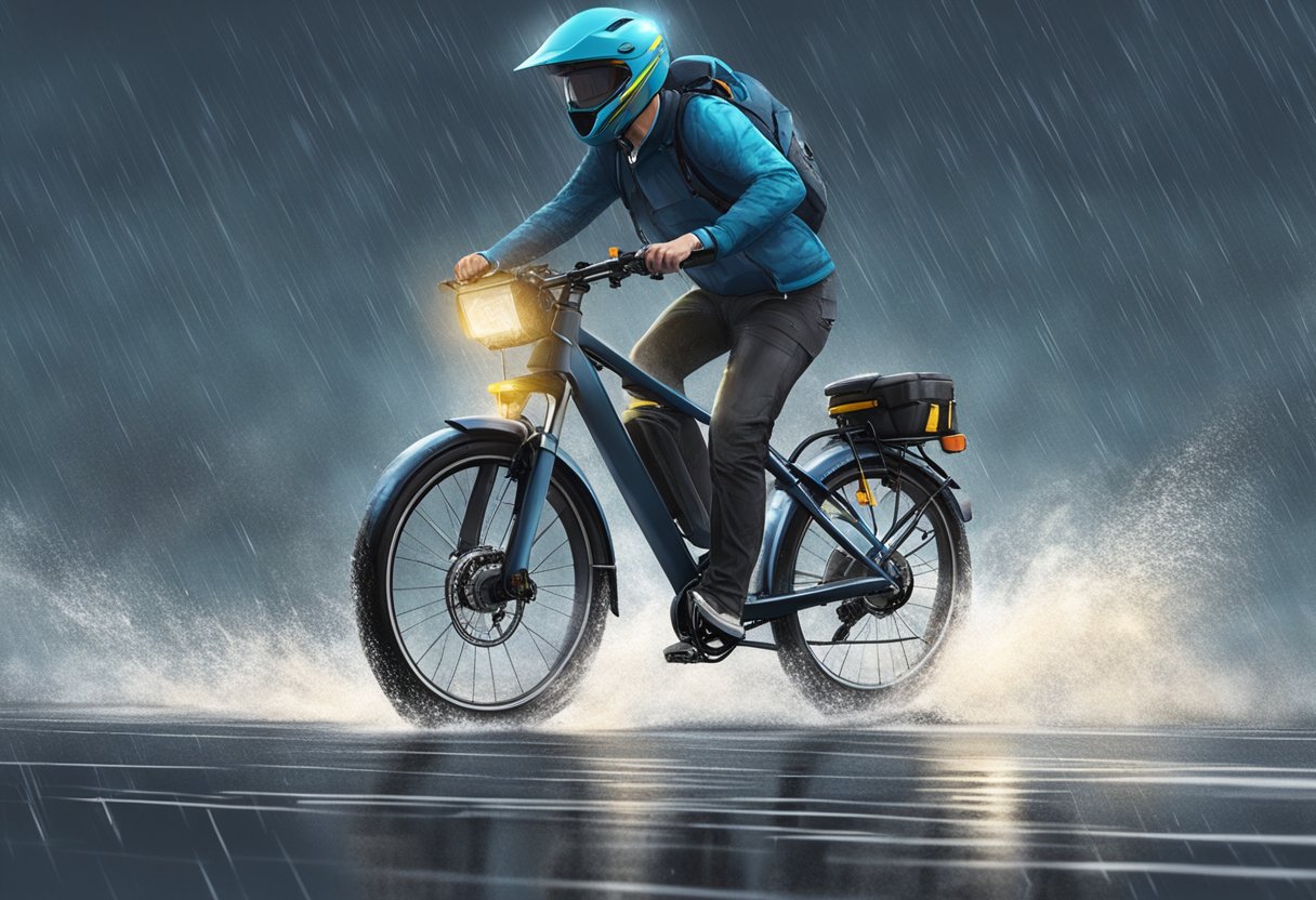 An e-bike navigates through rain with proper gear and caution