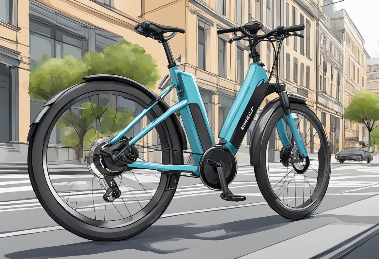 An ebike is shown on a city street, with a clear distinction from traditional bicycles. The electric motor is visible, and the rider is not present