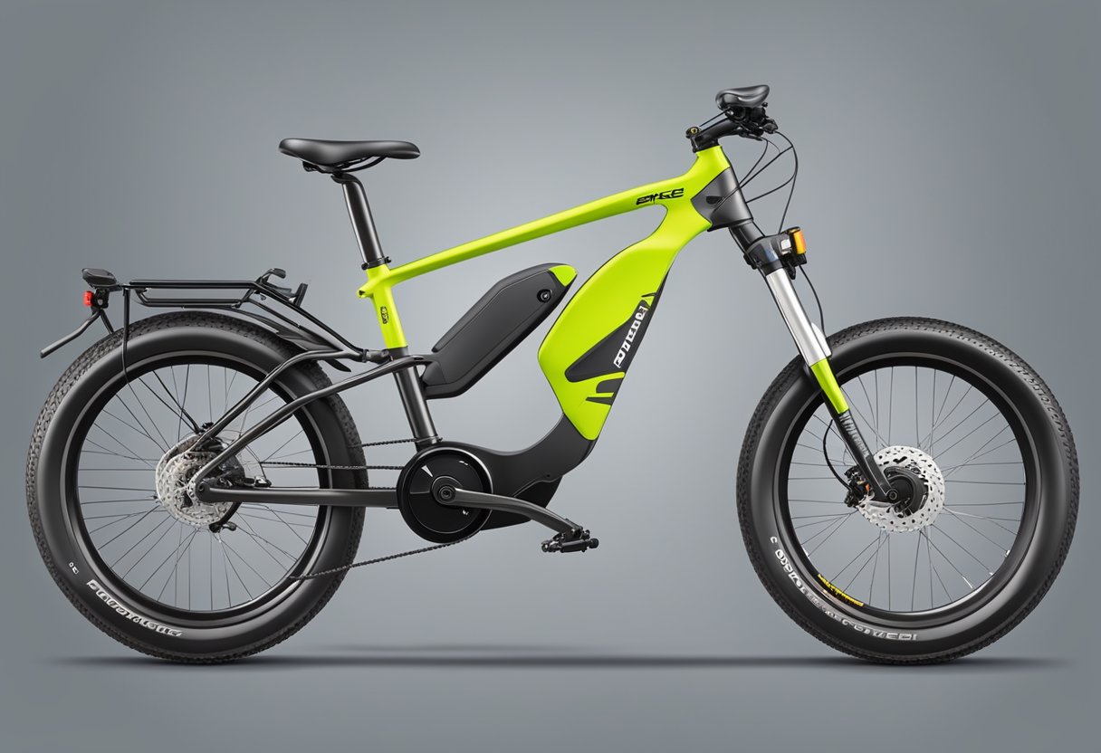 An e-bike with technical specs, battery, and motor, labeled "E-Bike Performance and Technical Specifications."