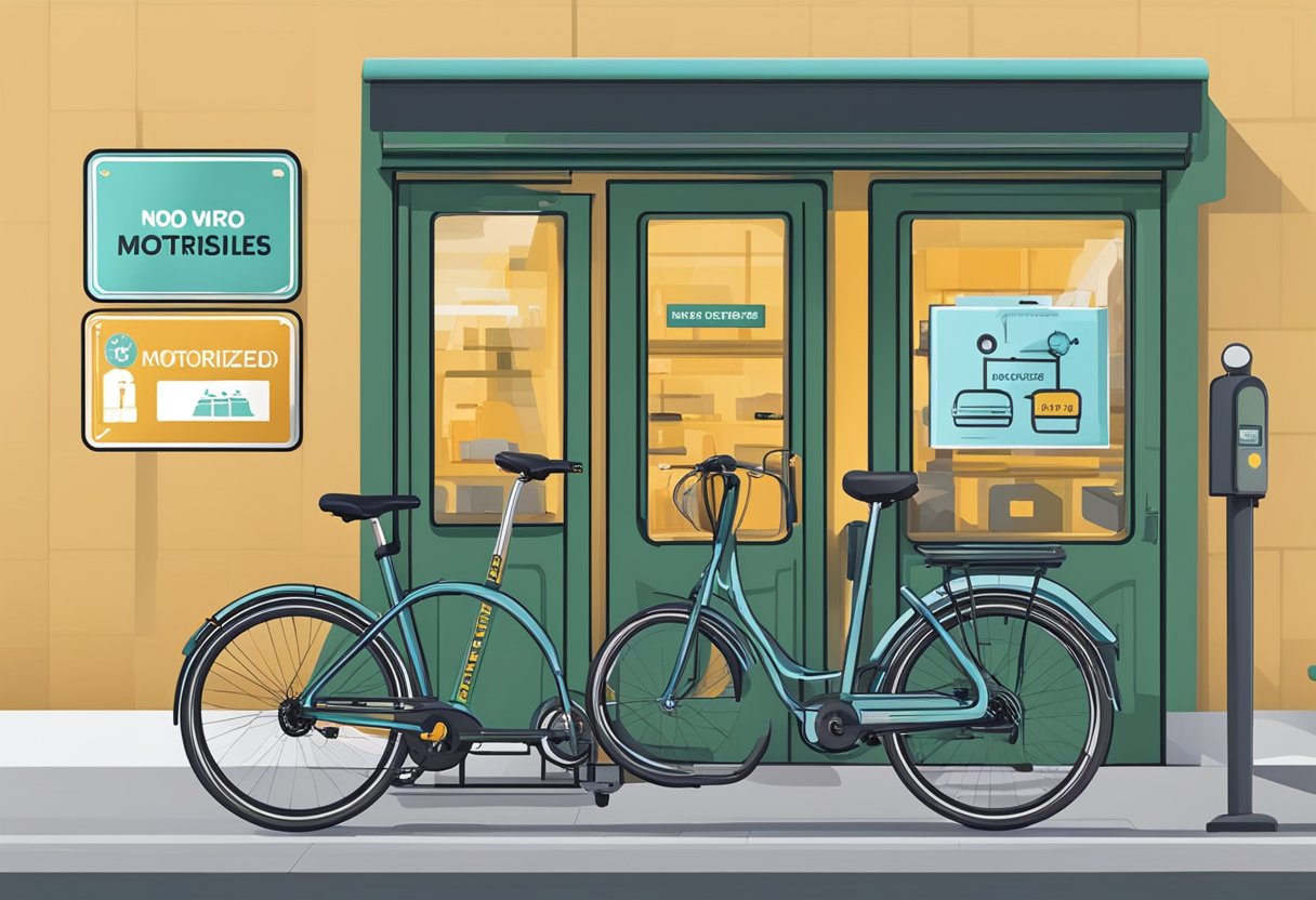 An ebike is parked next to a bicycle rack, with a sign indicating "No Motorized Vehicles." A person on a traditional bike rides past