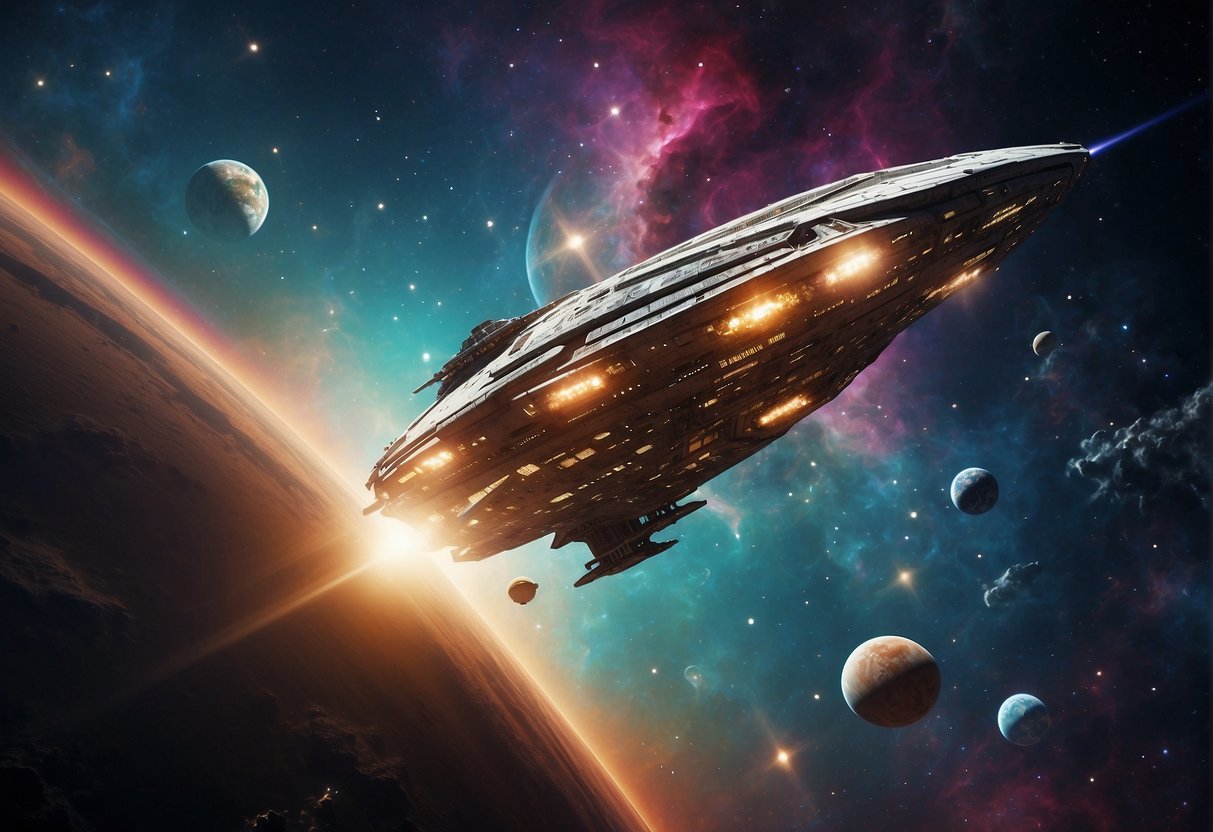 A spaceship soars through a colorful nebula, while alien planets and celestial bodies fill the background. The ship's crew interacts with various extraterrestrial species, engaging in diplomacy and combat