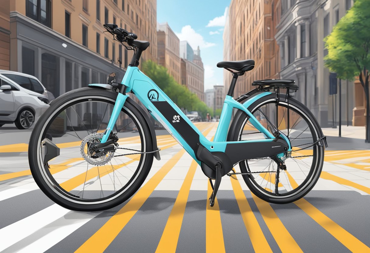 An e-bike with clear classification markings on a sidewalk, surrounded by pedestrian signs and buildings