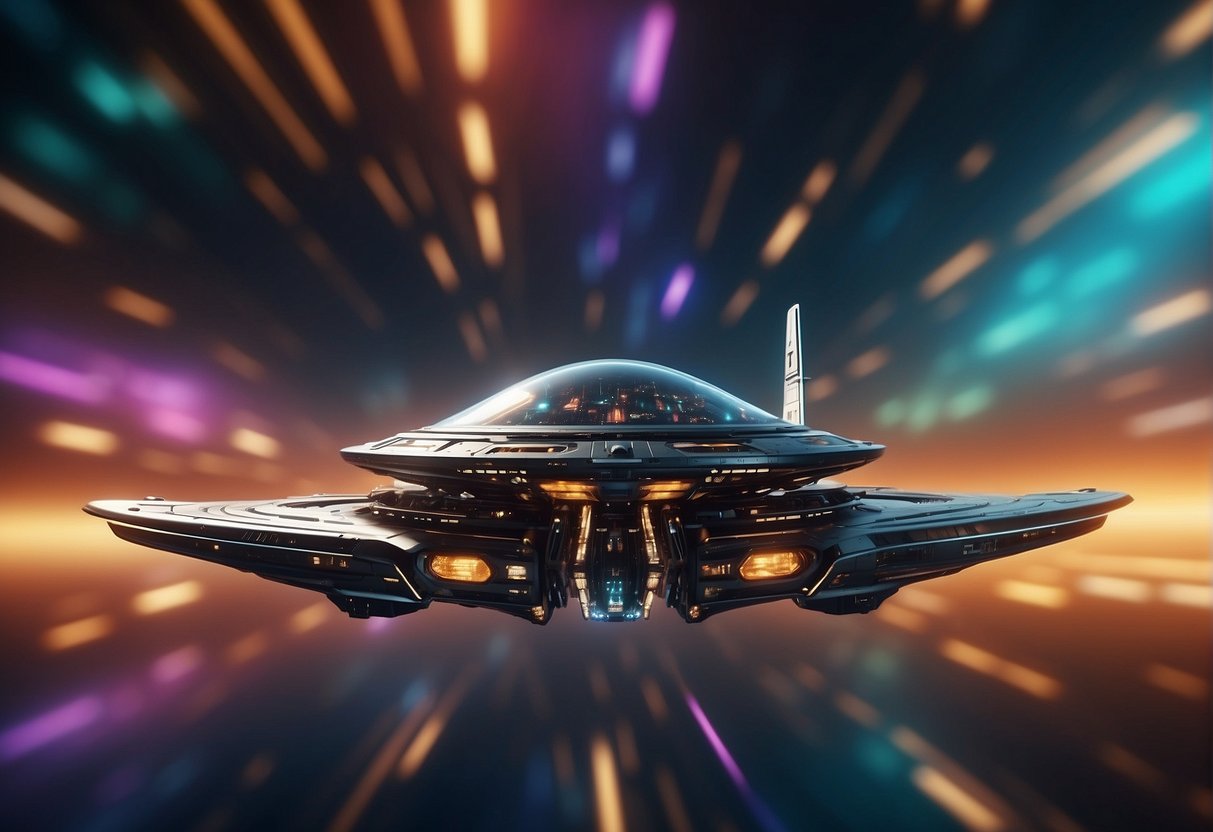 A spaceship flying through a colorful, futuristic galaxy with advanced technology and virtual reality simulations