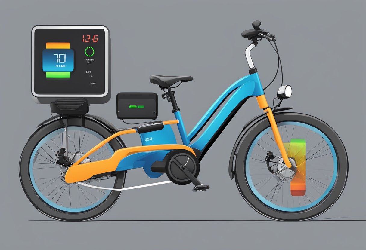 An e-bike is plugged into a charging station, with a digital display showing the battery level and a timer indicating the remaining time for a full charge