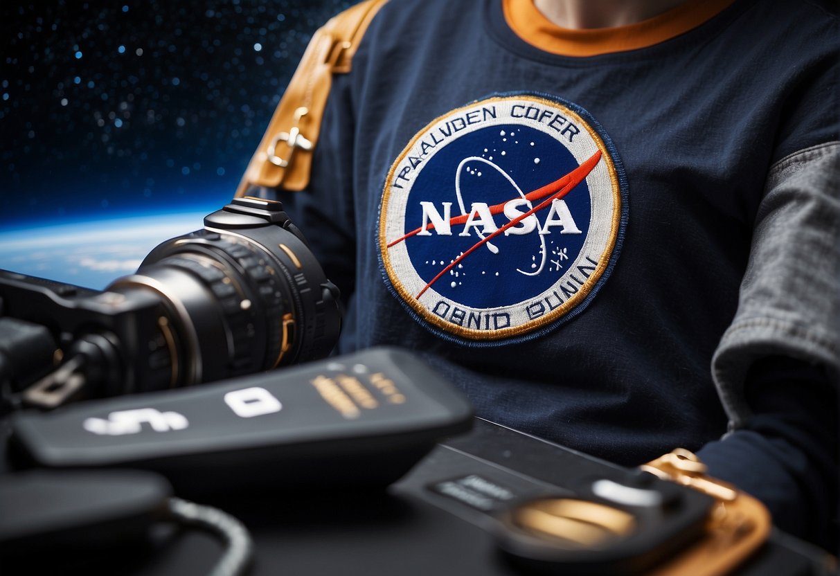 A sleek NASA logo adorns a trendy t-shirt, surrounded by space-themed accessories and gadgets. The backdrop features a futuristic space station and a galaxy of stars