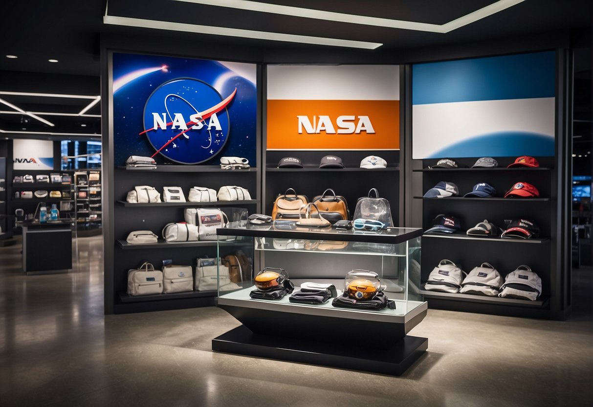 A display of NASA fashion merchandise, featuring sleek and modern designs with the iconic NASA logo. The products are arranged on shelves with clean lines and futuristic lighting, creating a stylish and scientific atmosphere