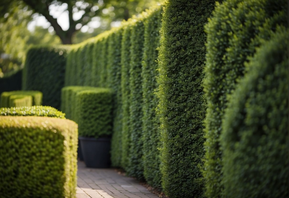 Lush green hedges create a natural barrier, providing privacy in a backyard. Tall, dense foliage of arborvitae, boxwood, or privet bushes form a protective wall