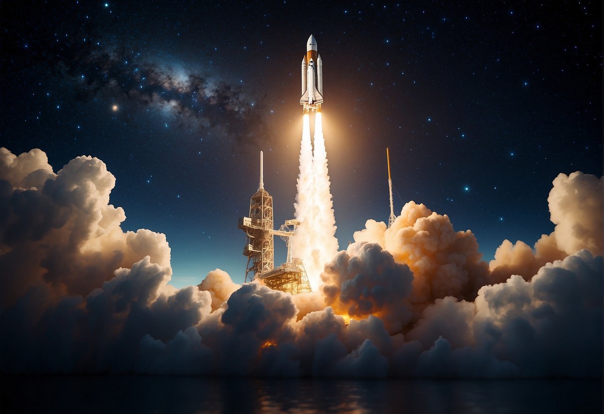 A rocket launches into space with the NASA logo prominently displayed on its side, surrounded by a backdrop of stars and galaxies