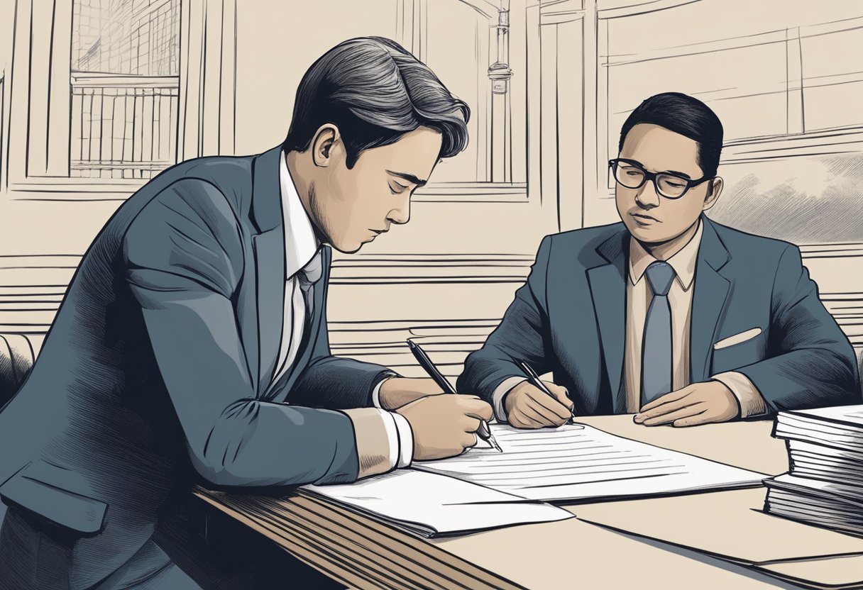 A person signing a document, while another person watches, representing the process of voluntary, involuntary, and compulsory internment rights and legislation