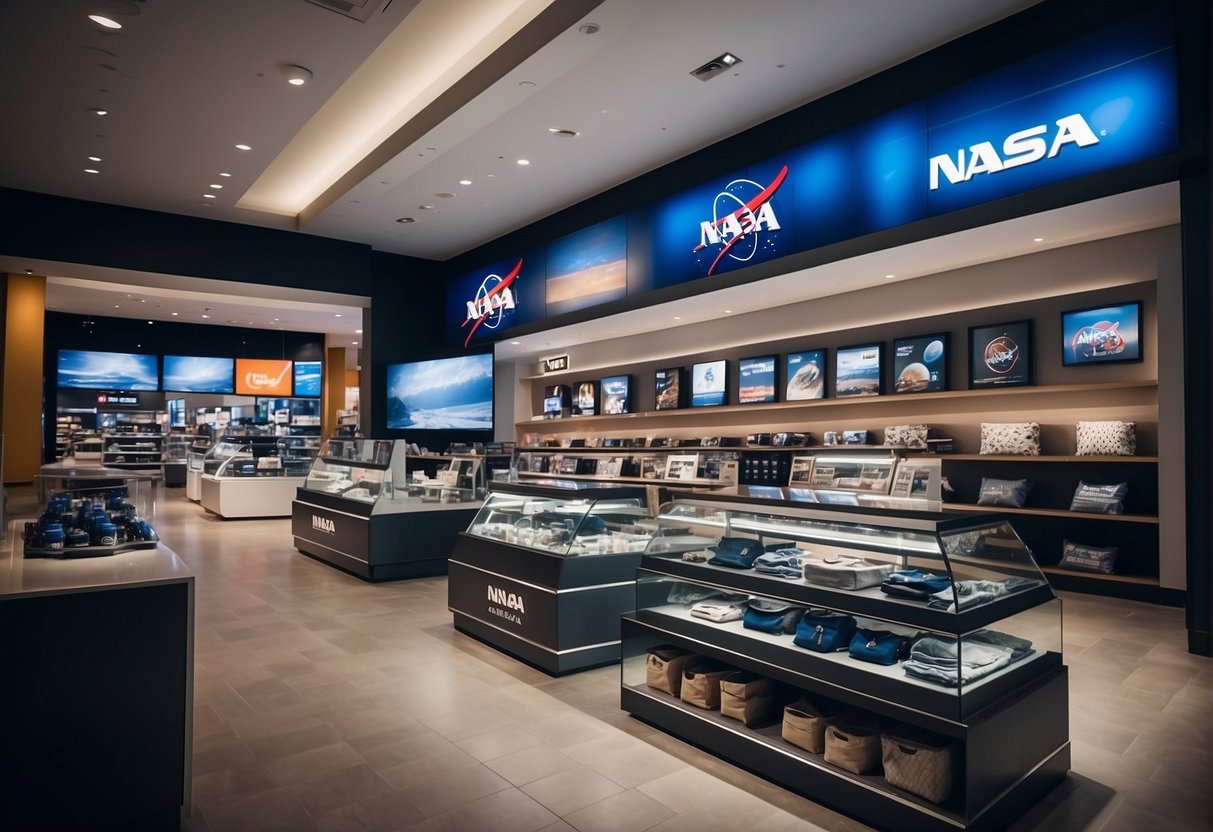 A sleek, modern space-themed store with NASA logos on clothing, accessories, and home decor. Bright lighting and clean displays showcase the merchandise