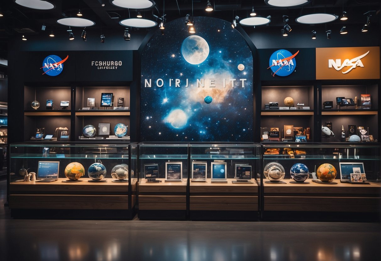 A space-themed store display showcasing limited edition NASA merchandise and collaborations, with a mix of scientific and stylish elements