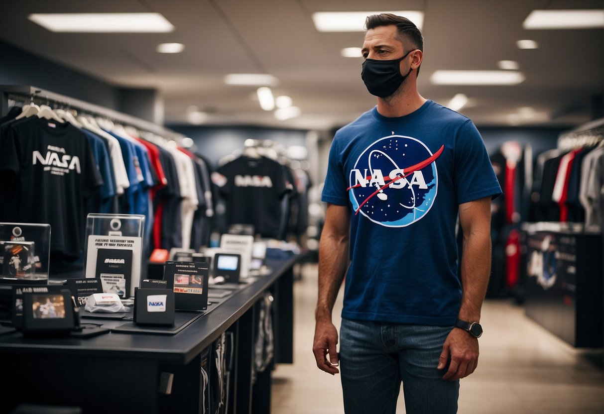 A display of NASA apparel and merchandise, showcasing a variety of clothing and accessories with the NASA logo and space-themed designs