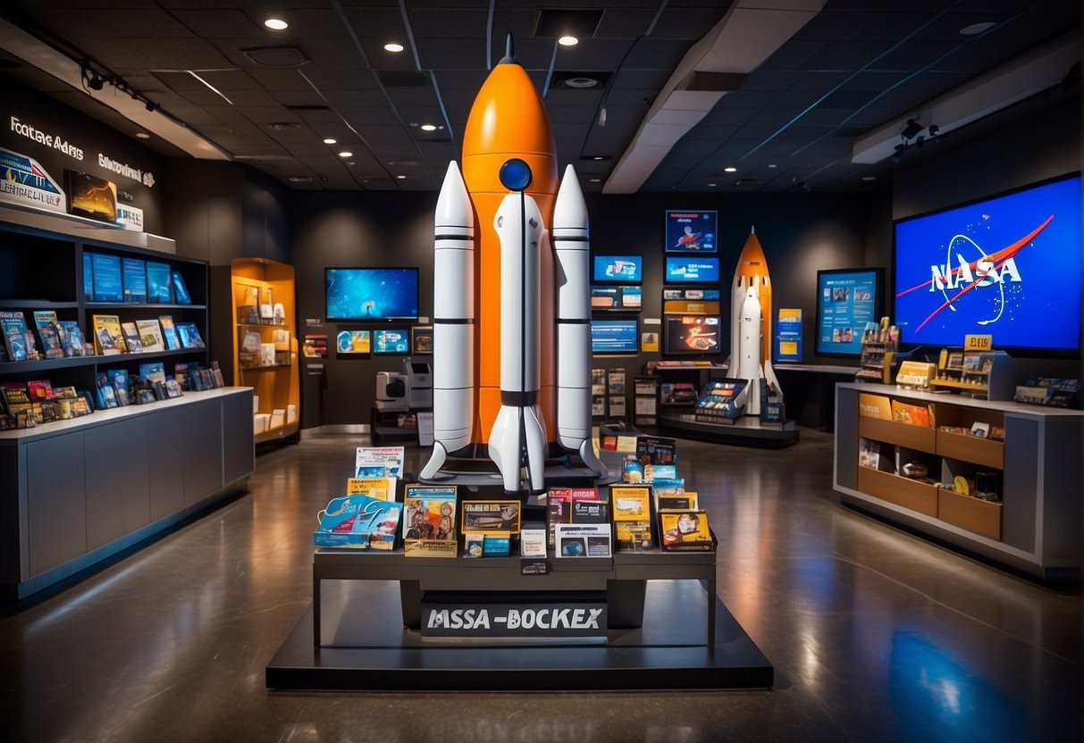 A rocket ship-themed display showcases NASA merchandise with bold signs promoting savings and special promotions. The products are arranged in an eye-catching and organized manner, inviting customers to explore the intersection of science and style