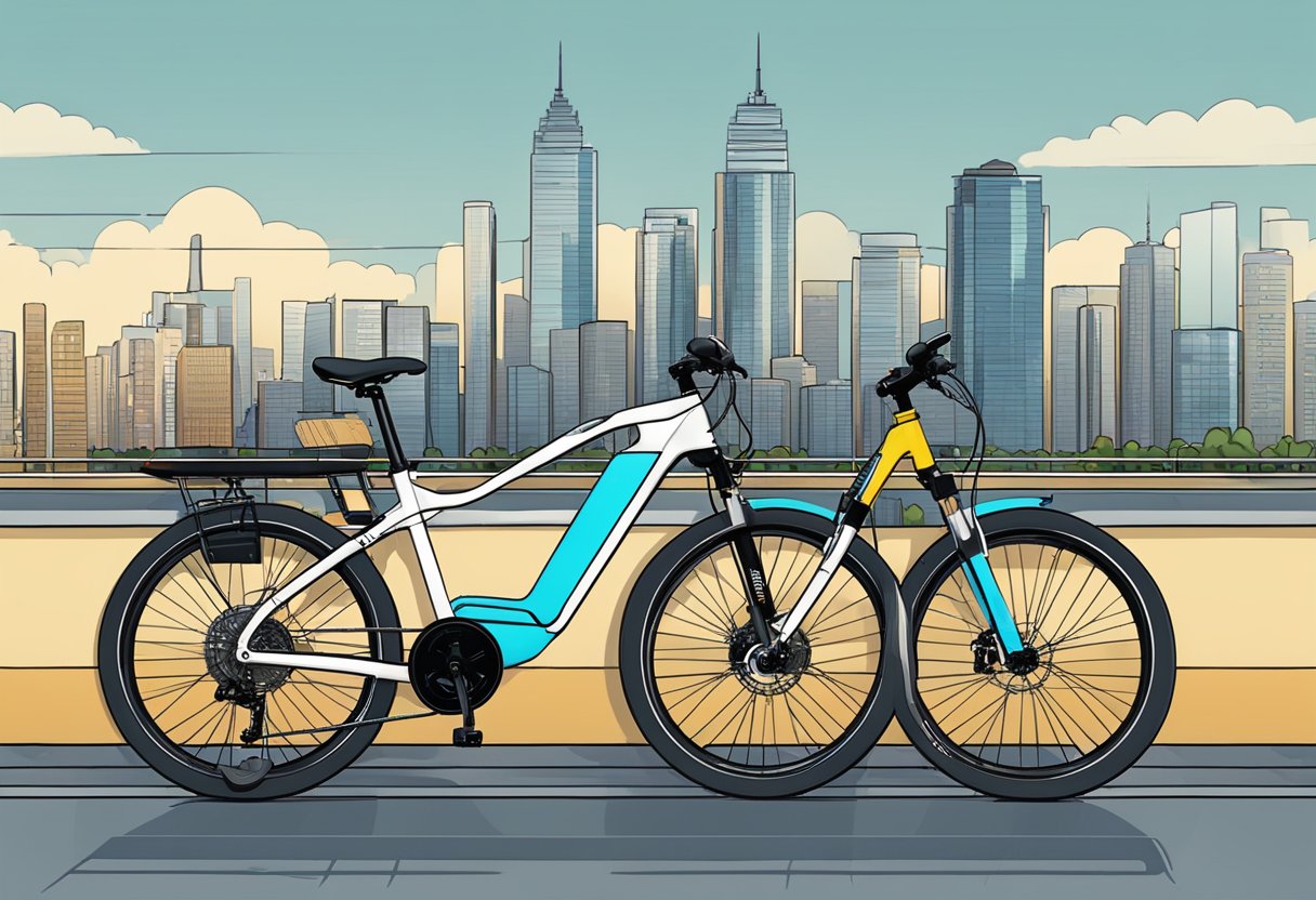 An ebike parked next to a crowded bike rack, with a city skyline in the background