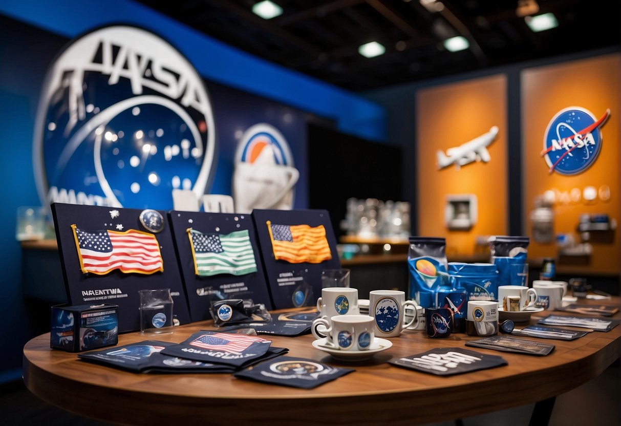 A table displays NASA merchandise, including t-shirts, mugs, and posters. The items feature space-themed designs and educational messages, blending science and style