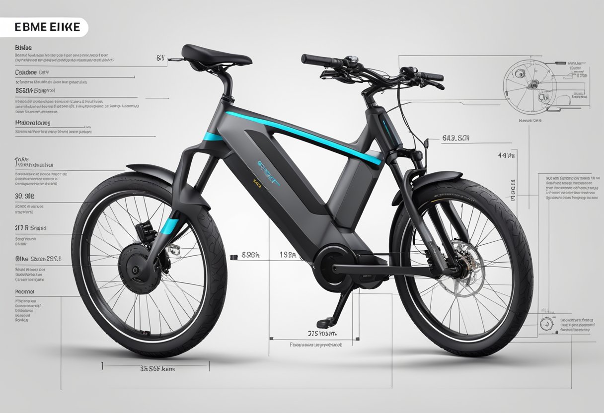 An ebike with sleek design and powerful motor, surrounded by technical specifications and comparison charts