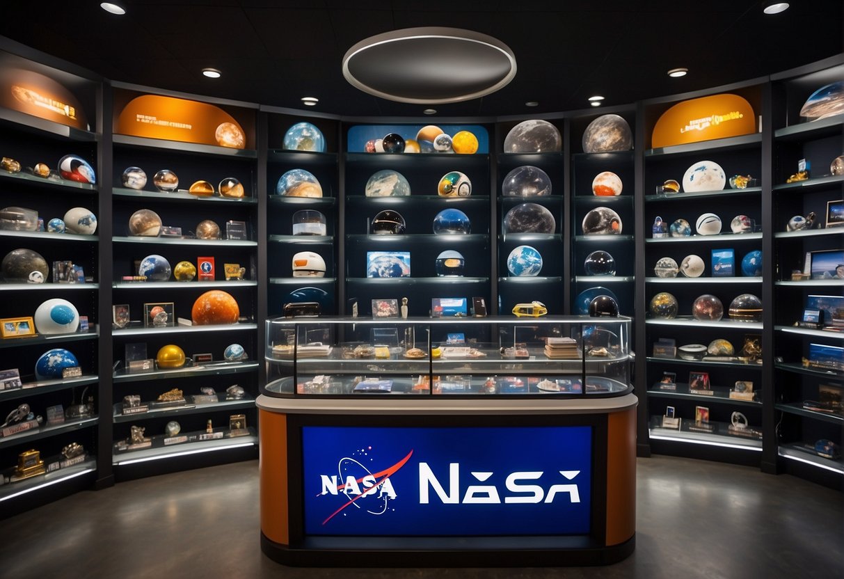 A display of NASA merchandise featuring space-themed clothing, accessories, and collectibles arranged on sleek, modern shelves with a futuristic backdrop