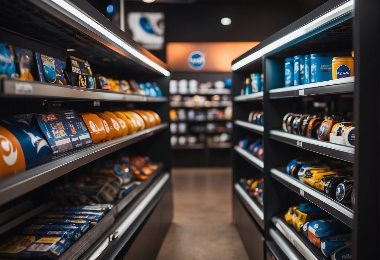 A colorful display of NASA-themed merchandise with logos and space-themed designs, arranged neatly on shelves and racks in a well-lit retail space