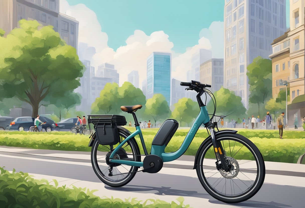 An ebike parked next to a bustling city street, with people commuting on bicycles and cars in the background. The bike is surrounded by greenery and clean air, showcasing its positive environmental impact