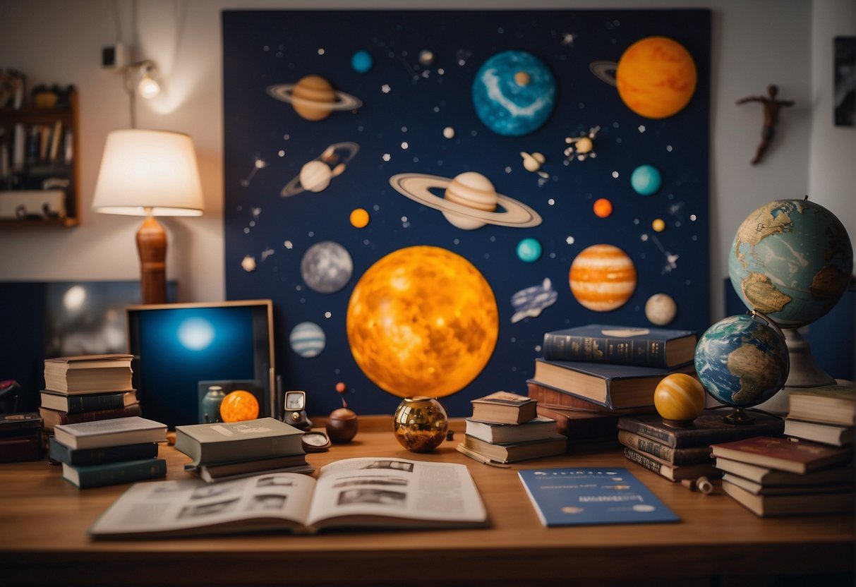 Educational Space Kits A table covered with space-themed kits, books, and models. A poster of the solar system hangs on the wall. Bright colors and playful designs create an inviting and educational atmosphere